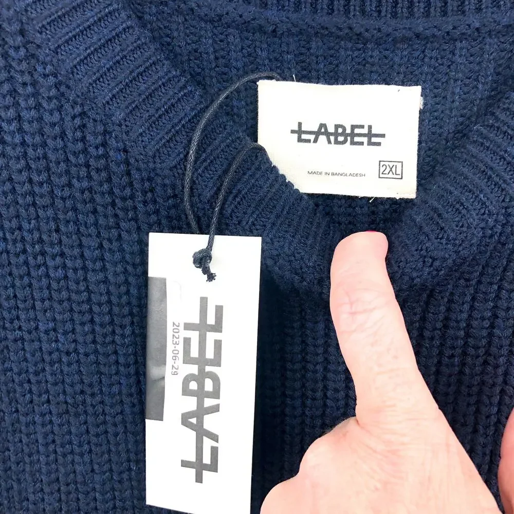 LABEL Men's Go-To Sweater XXL Navy Blue Light Grey Crewneck Merino Wool NWT